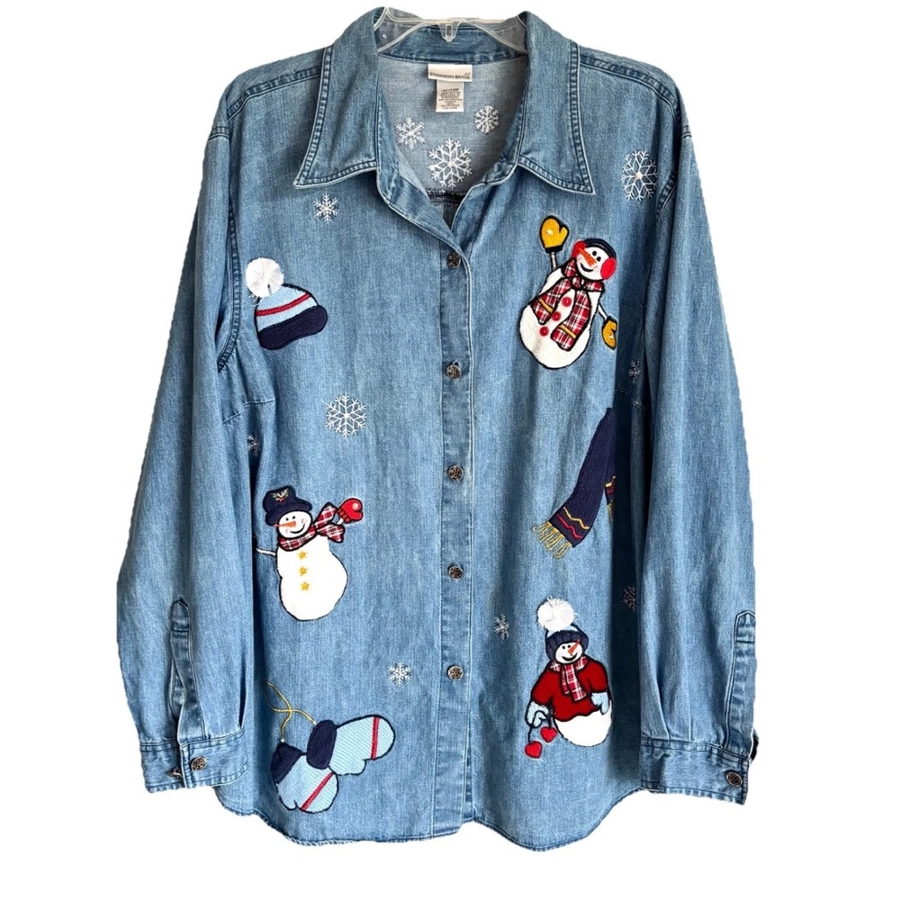Vintage Fashion Bug Christmas Embroidery Chambray Denim Button Up size 22/24W